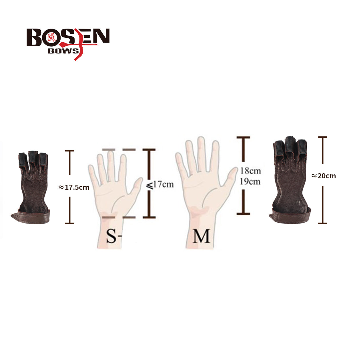 Bosen Pure Deerskin 3-Finger Archery Glove | S/M/L Sizes | Adjustable Velcro | Reinforced Anti-Slip Tips | Traditional Recurve Compound Longbow