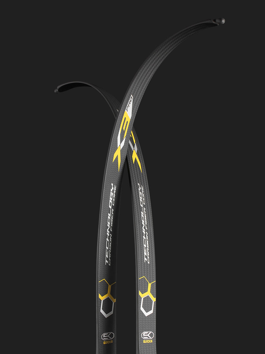 Bosen X3PRO carbon recurve limbs crossed to show their profiles