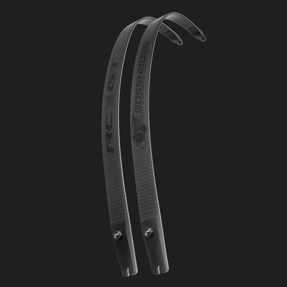 Pair of Bosen RCX-GT carbon ILF limbs with pronounced super-recurve hook tips on a dark background