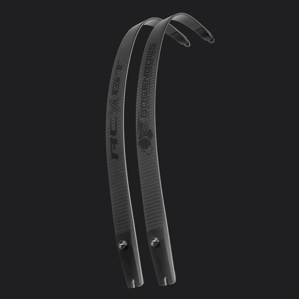 Pair of Bosen RCX-GT carbon ILF limbs with pronounced super-recurve hook tips on a dark background