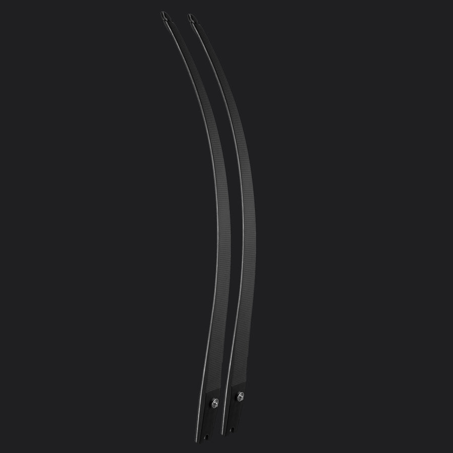 Pair of black Bosen LCS carbon longbow limbs with visible carbon weave on a dark background